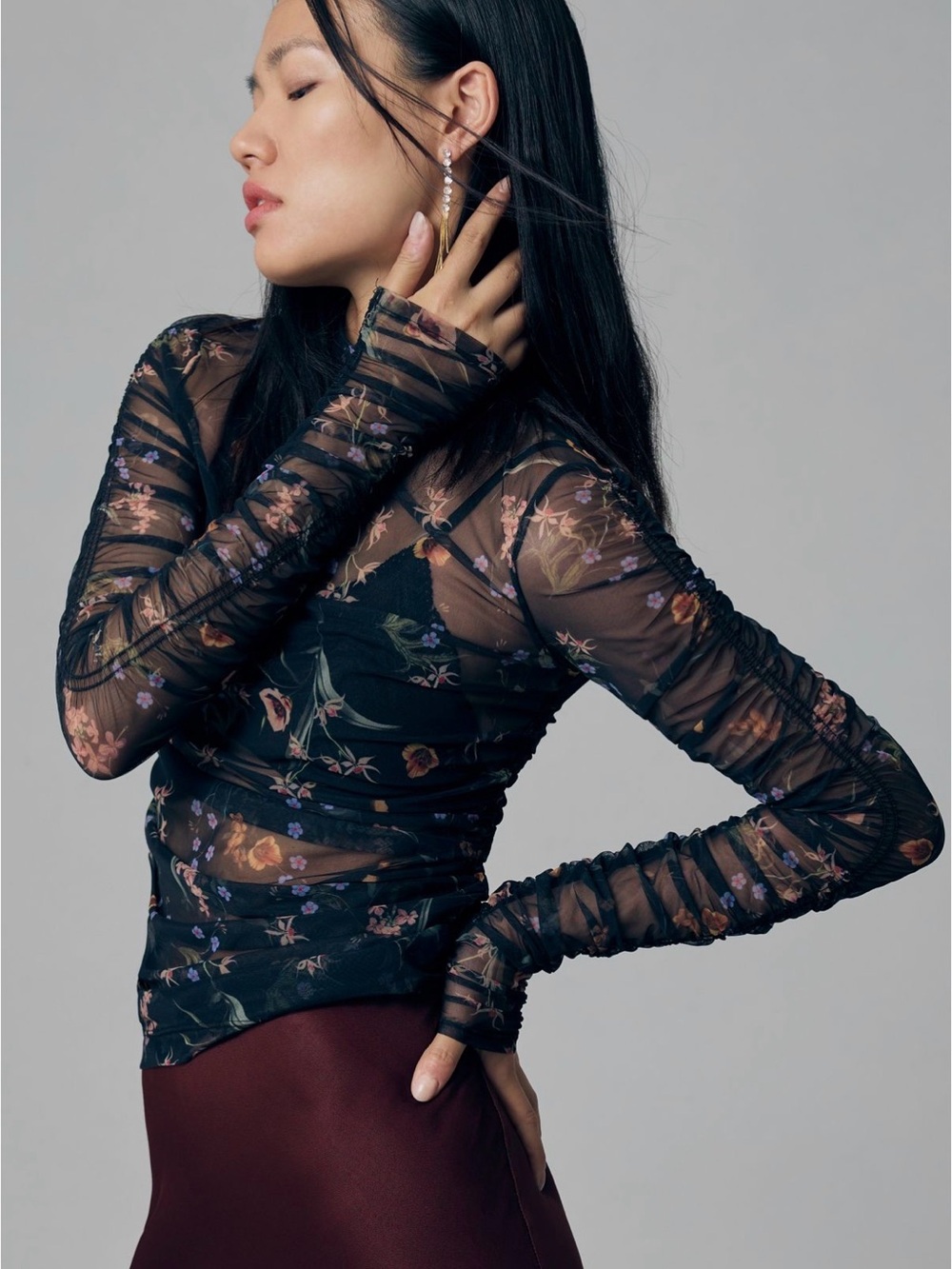 Maeve for Anthropologie Sheer Floral Mesh Long-Sleeve Top - Black Floral